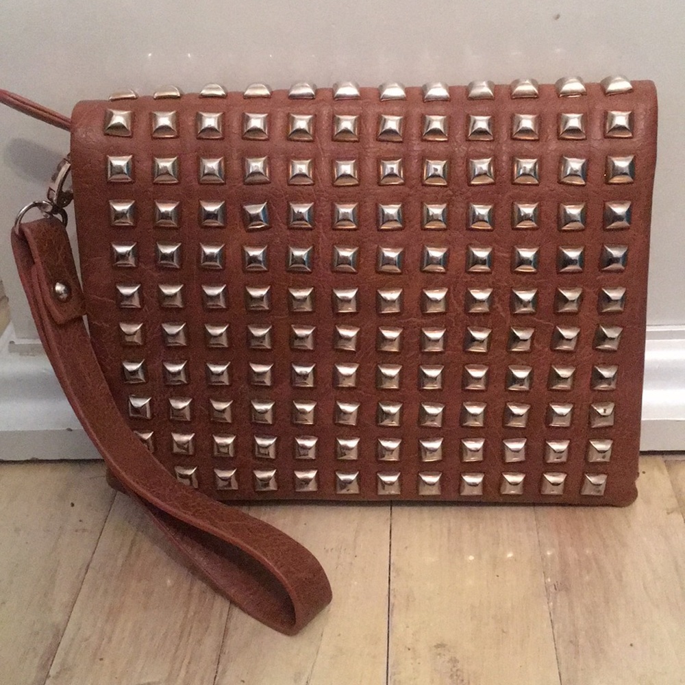 Brown leather studded clutch/wristlet